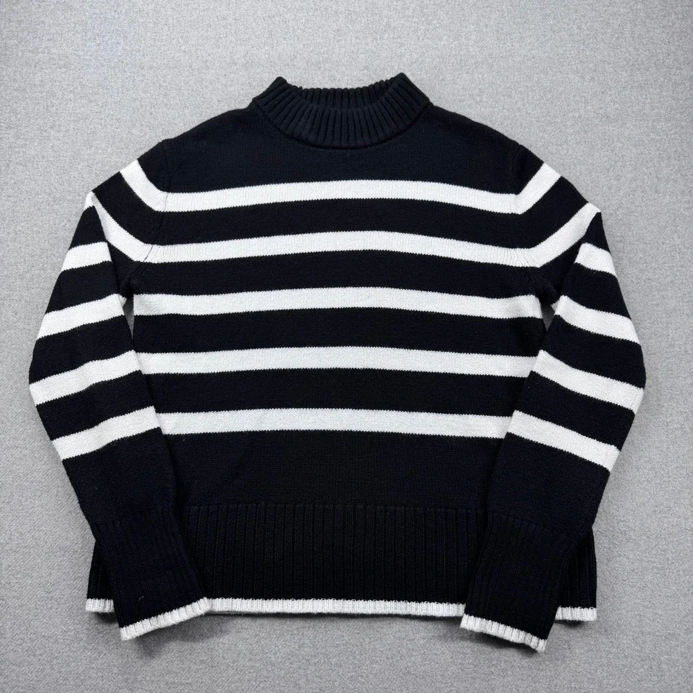 Elie Tahari Sweater Womens M Black White‎ Striped Mock Neck Cropped Nautical